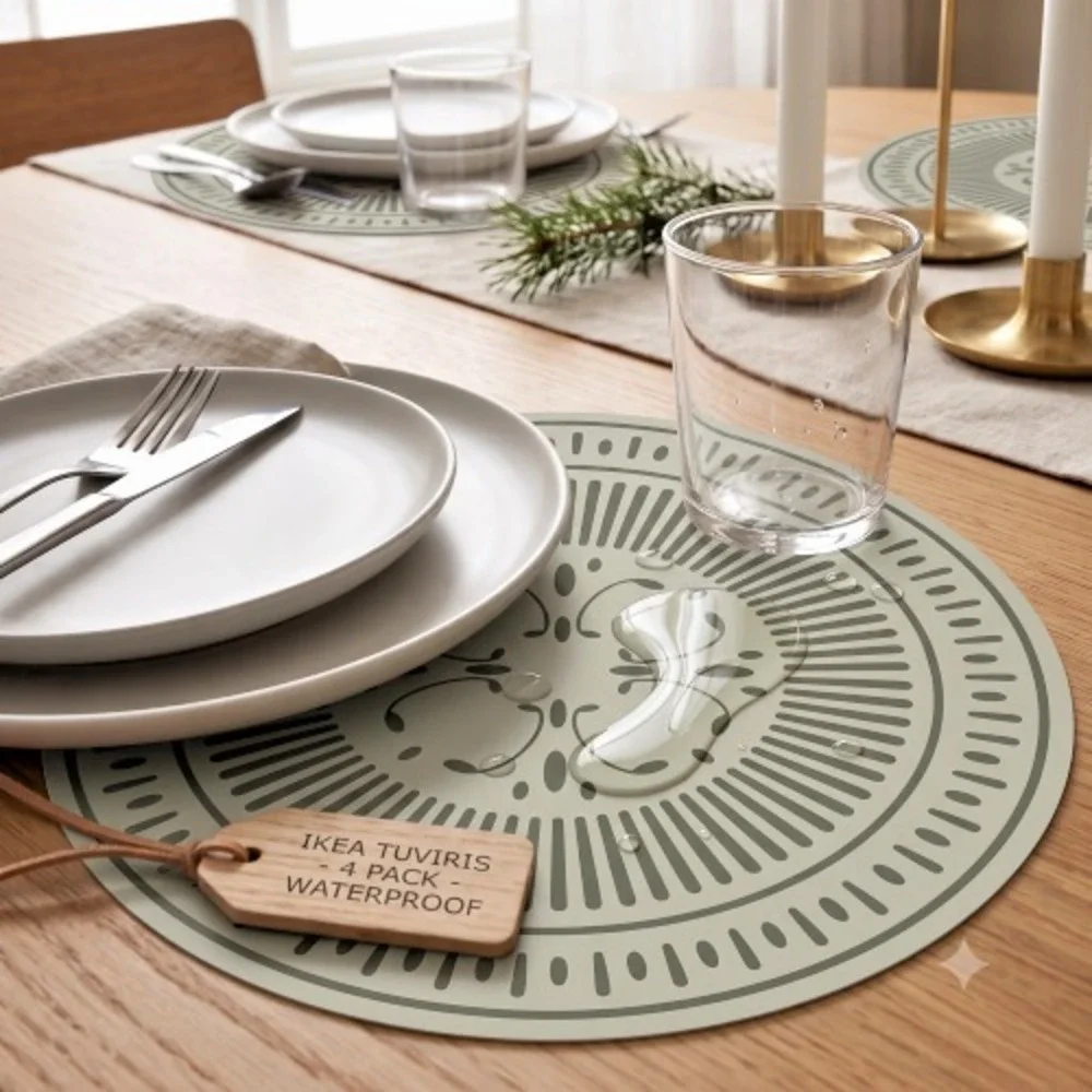 IKEA TUVIRIS Round Placemats Gray Green Geometric Pattern Set of 4